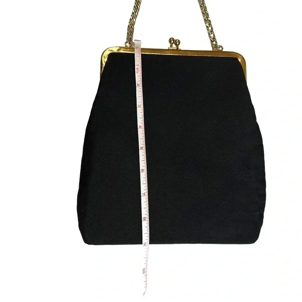 Vintage Handbag and Gloves Set OS Black Velvet‎ Gold Chain Kiss Lock Embroidered